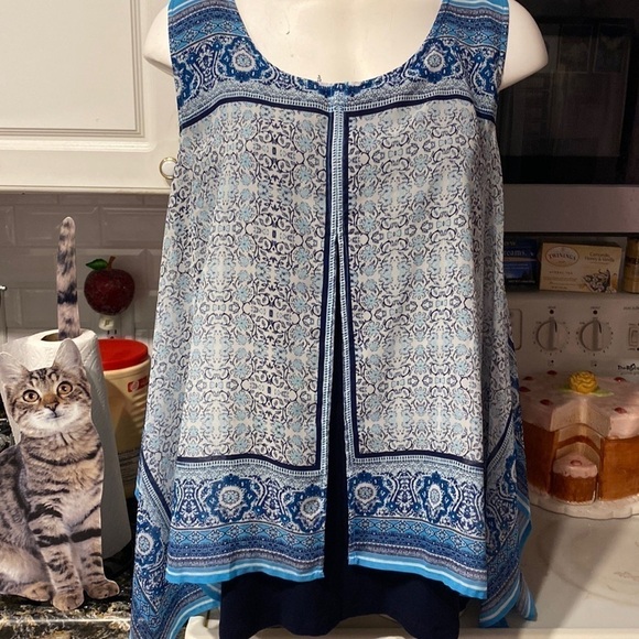 F womens Alex blue floral sleeveless plus size 2 piece attached blouse 1X - Picture 1 of 5